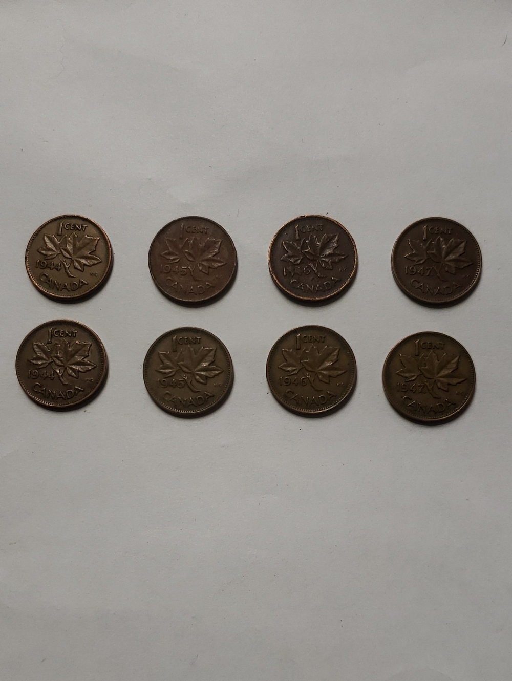 1944-1947 Canadian One Cent Coins - Bronze Tone (Lot of 8)